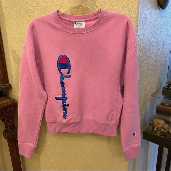 CHAMPION Women Pink Spell Out Reverse Weave Sweatshirt Size XS - Picture 1 of 9